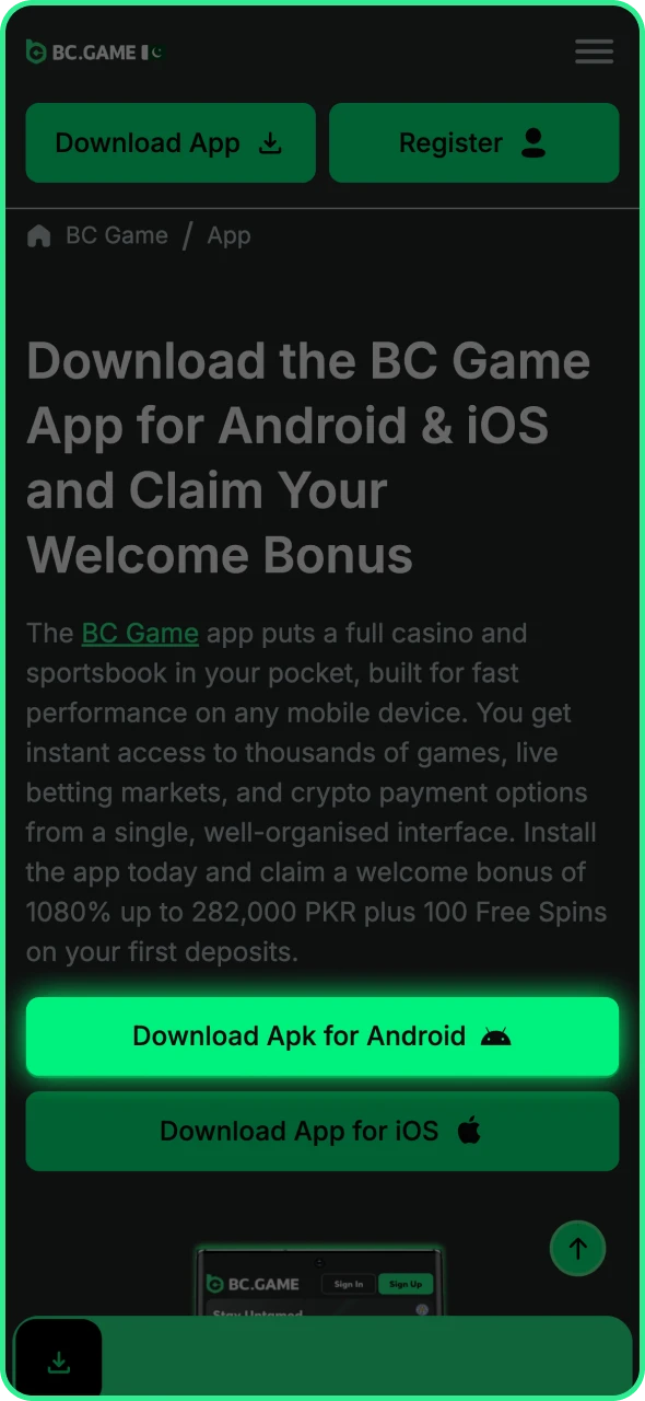 Click the download for Android button at BC Game page.