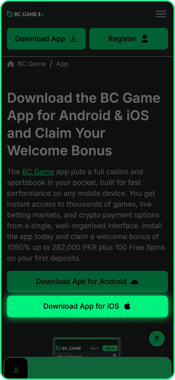 Click download for iOS button on BC Game official page.