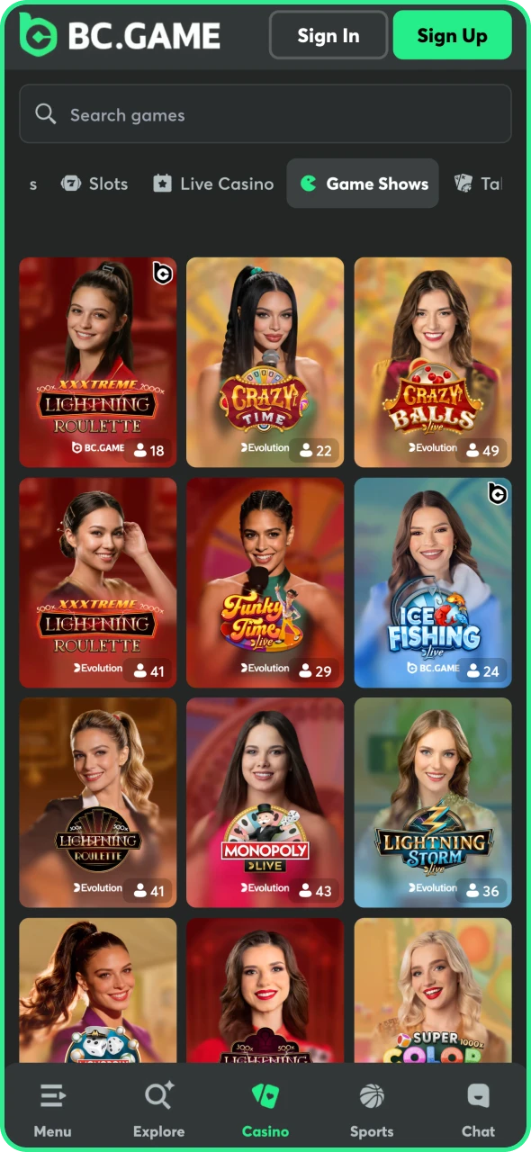 Play casino games directly from BC Game application.