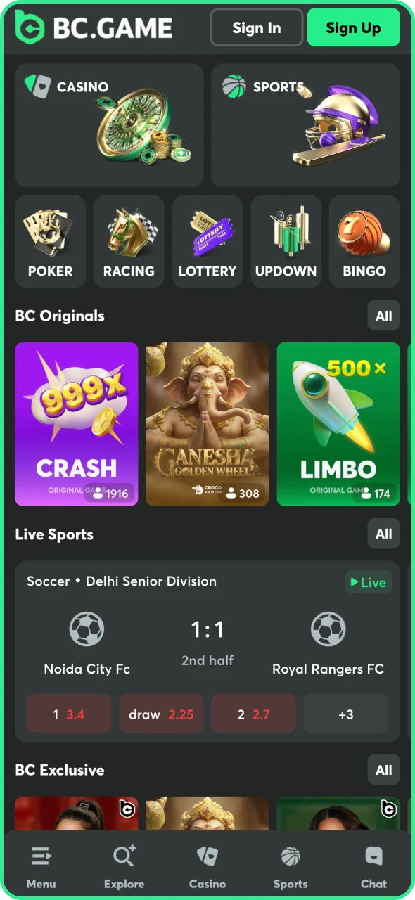 Visit the main page of BC Game platform.