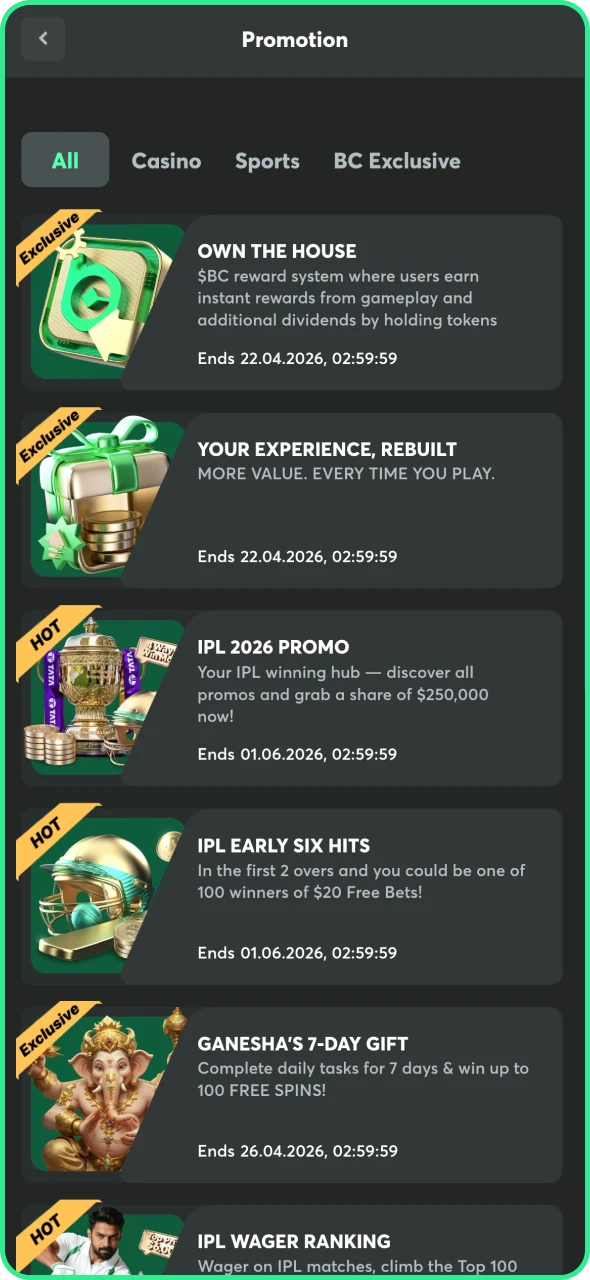 Claim all the bonuses available on BC Game app.