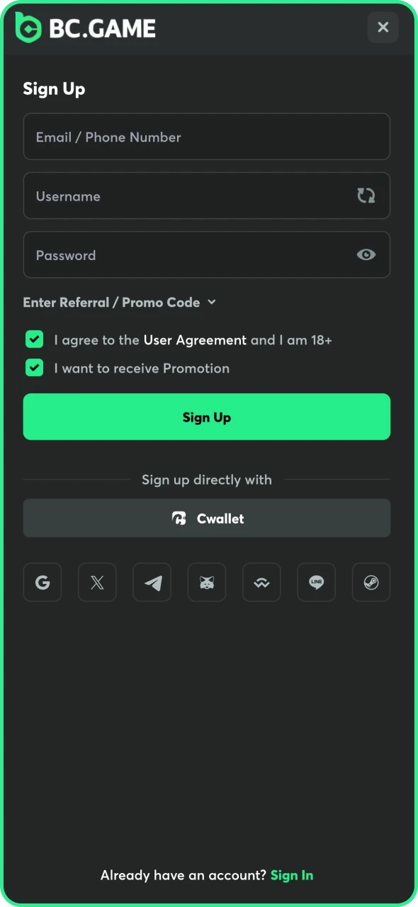 Start the registration process on BC Game app.