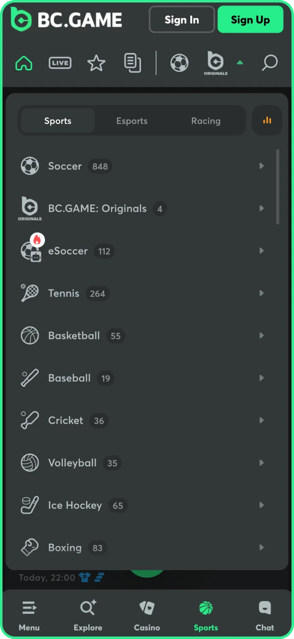 Explore all the sports available on BC Game app.