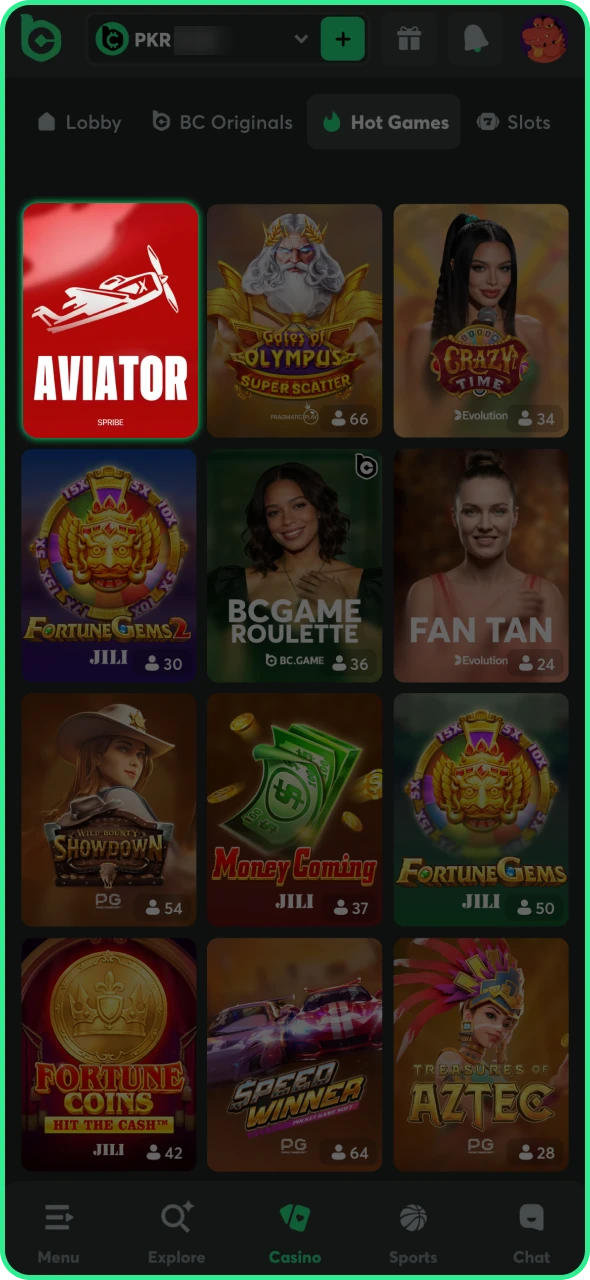 Open the BC Game app and find Aviator game to play.