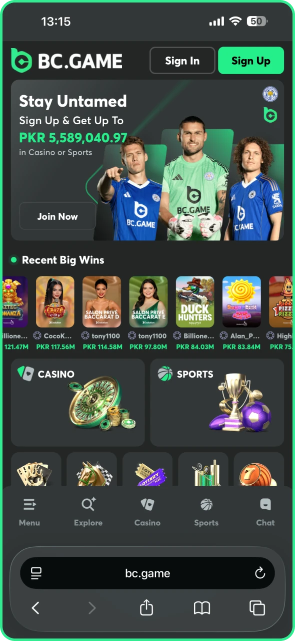 Open BC Game website platform on Safari browser.