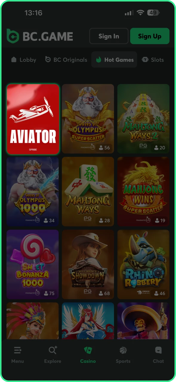 Open BC Game app and start playing Aviator game.