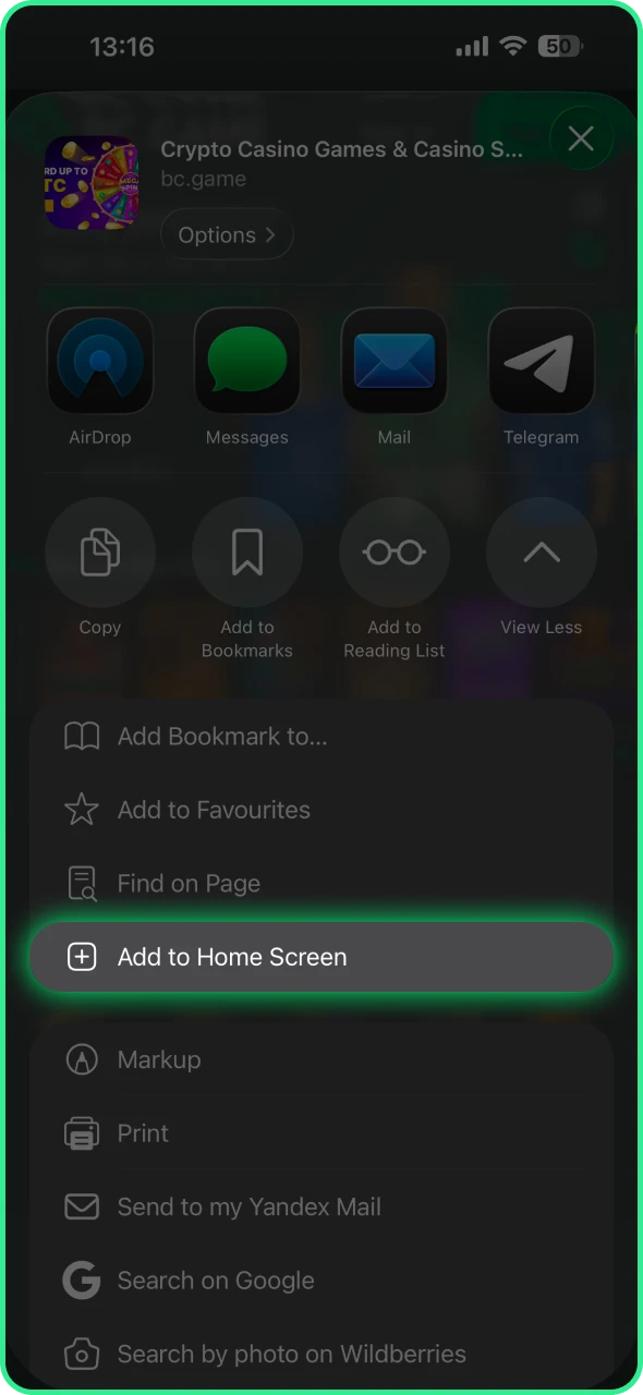 Select Add BC Game to Home Screen option.