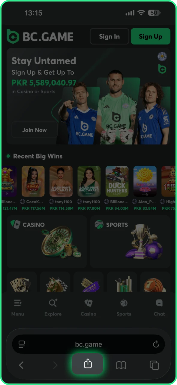 Tap the share icon at the bottom of BC Game site.
