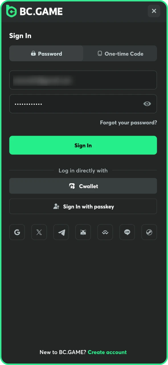 Enter your registered account on BC Game platform.