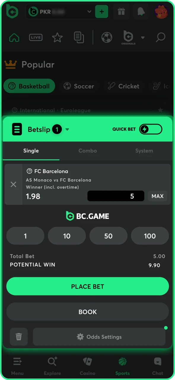 Enter the bet amount in the field and complete the BC Game process.