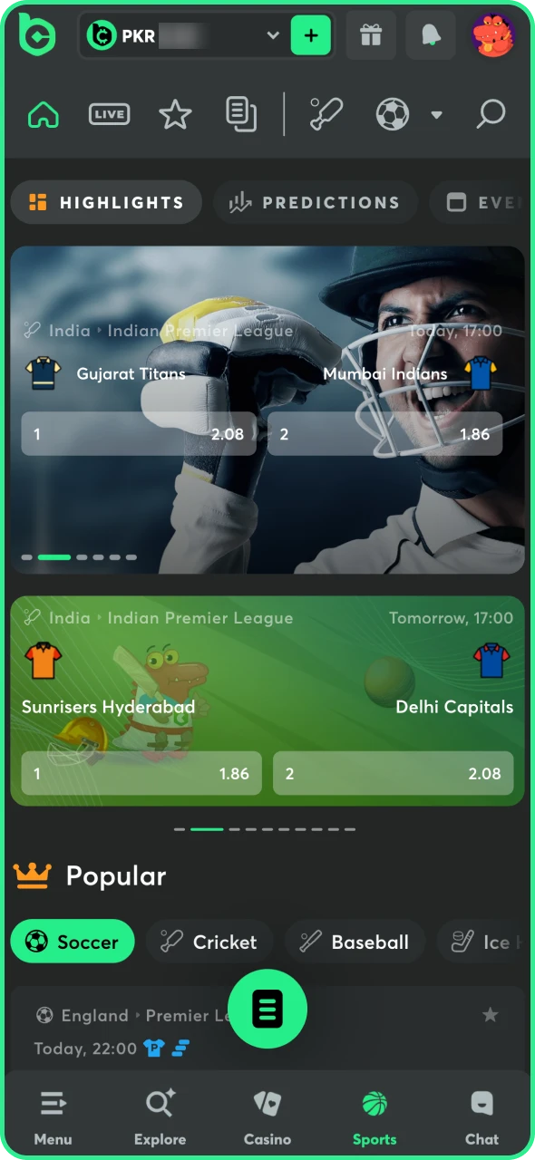 Access the sportsbook section at BC Game website.