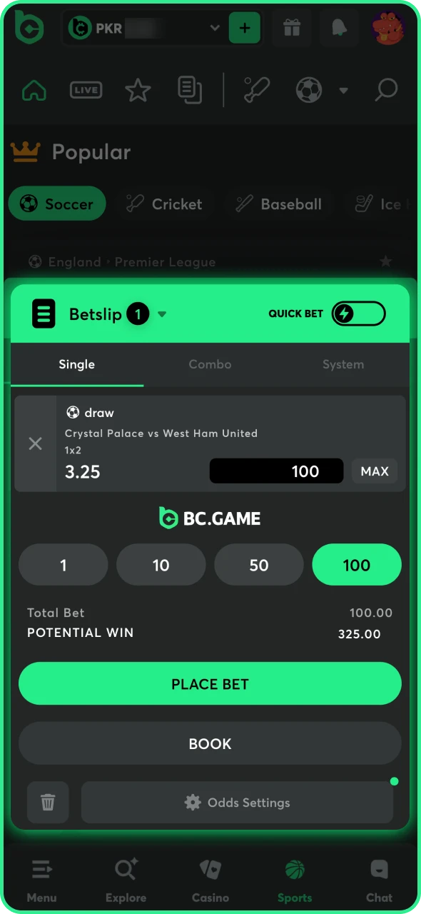 Complete the cricket betting process at BC Game.