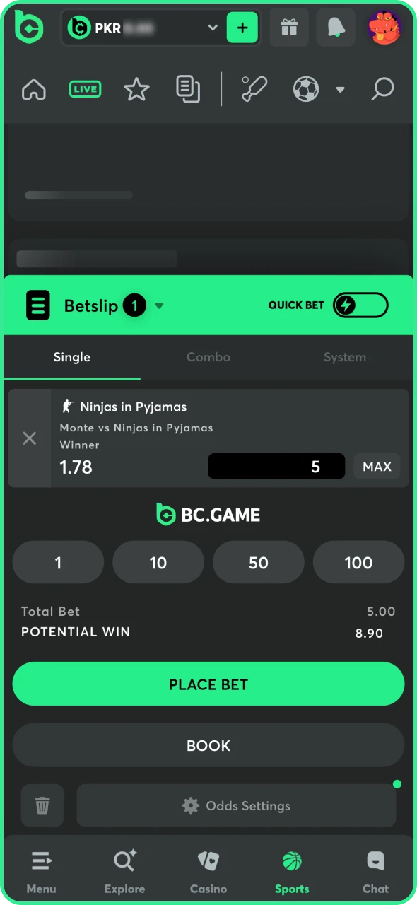 Enter the amount of bet and confirm the BC Game process.