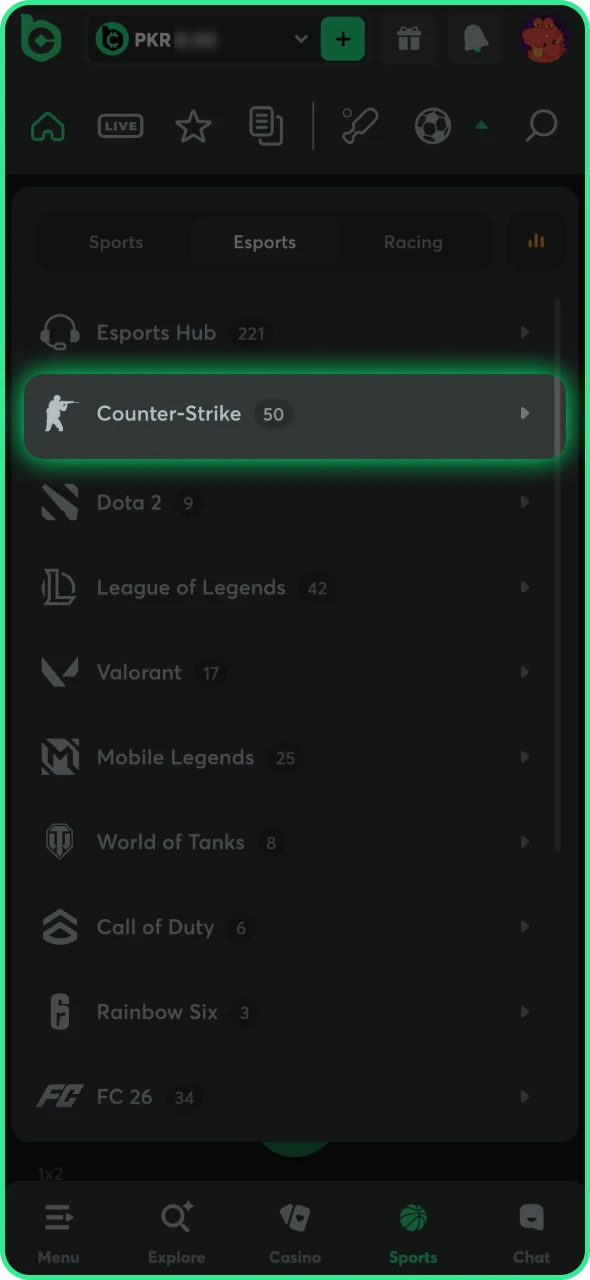 Select CS2 in the BC Game eSports section.