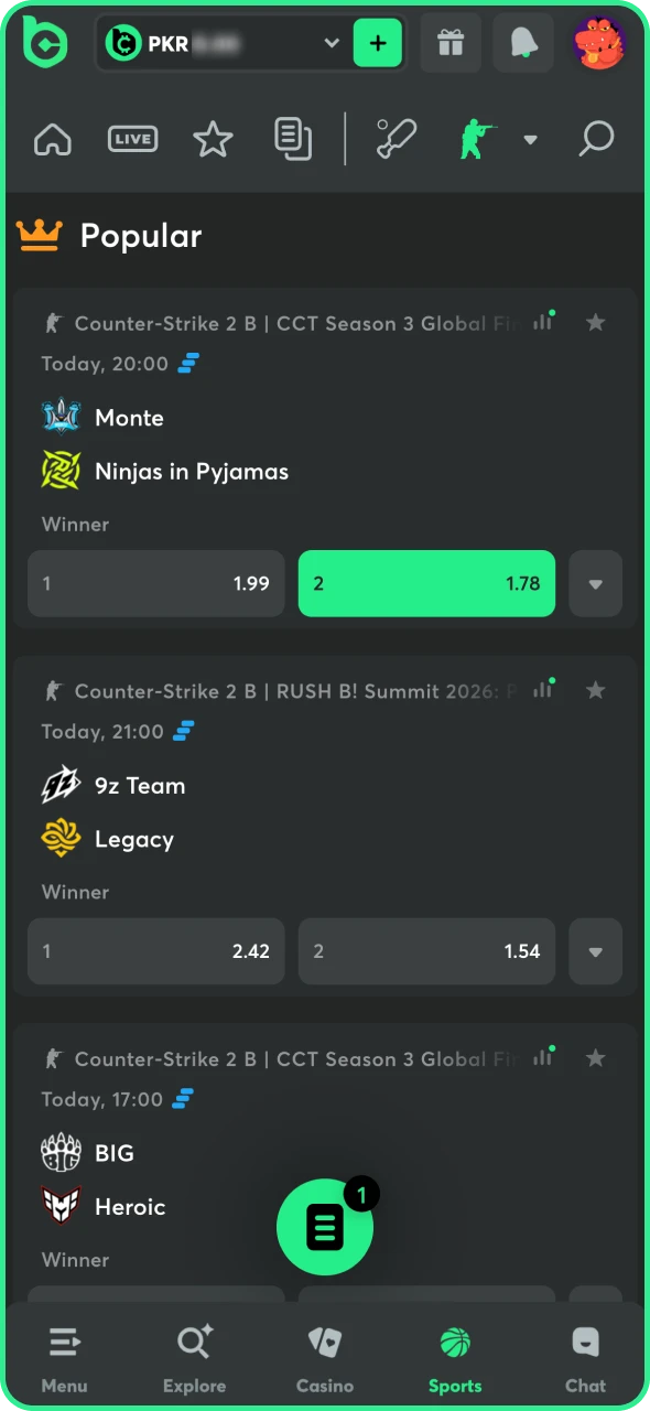 Choose a CS2 market you want to place bet on BC Game.
