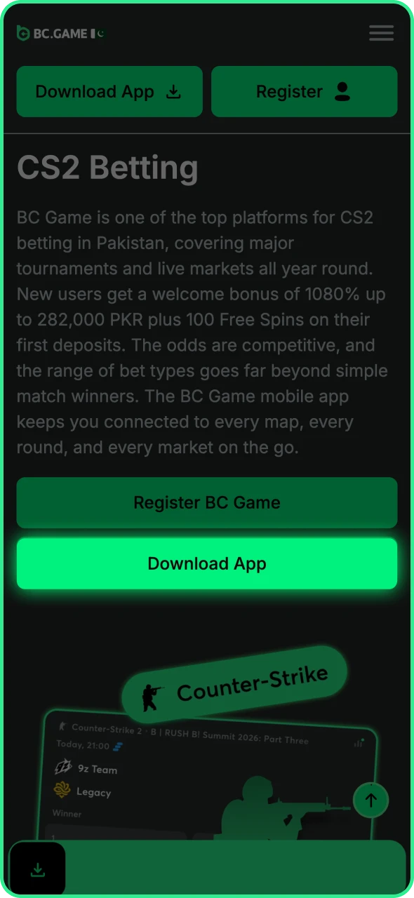 Tap the app download button on BC Game main page.