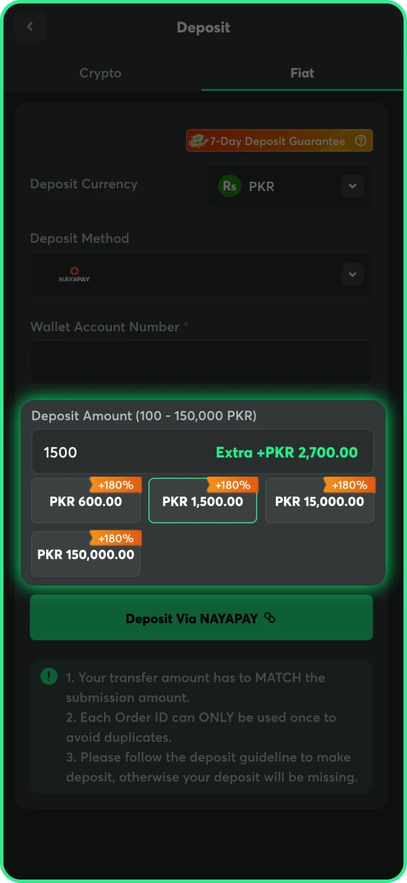Enter the amount you want to deposit at BC Game.