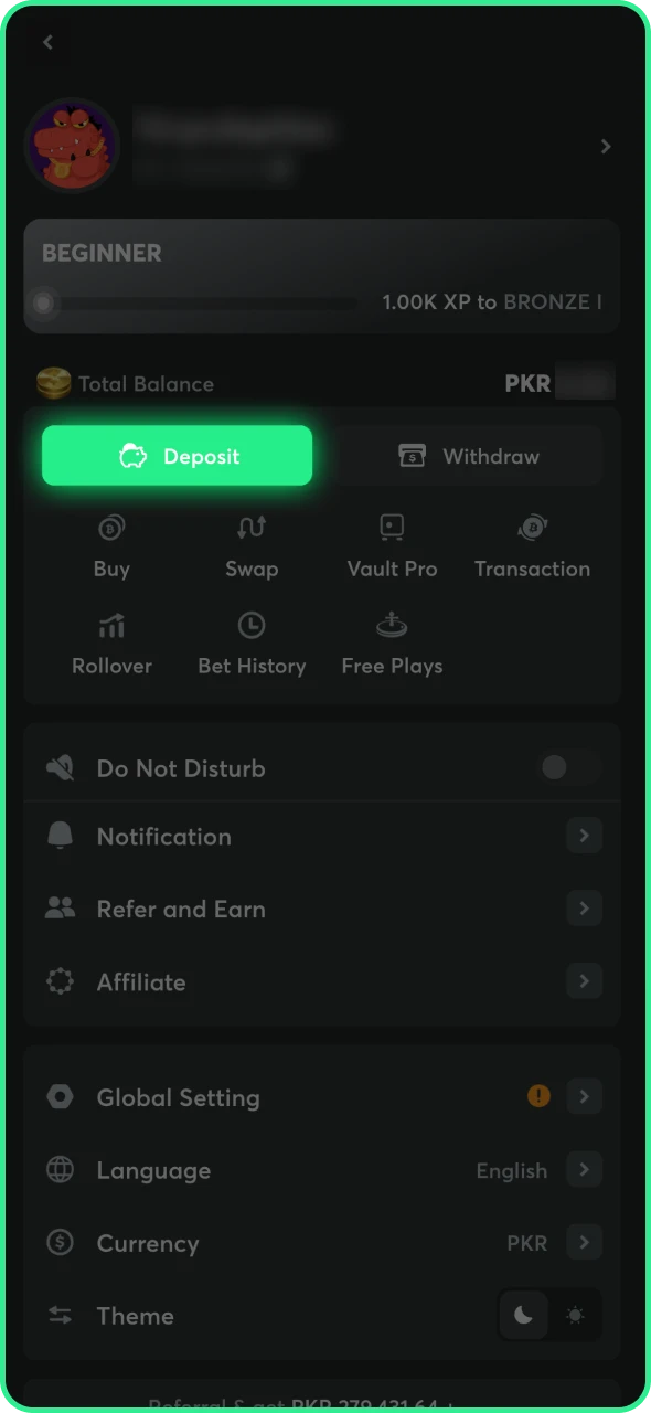 Find the deposit button in your BC Game profile.