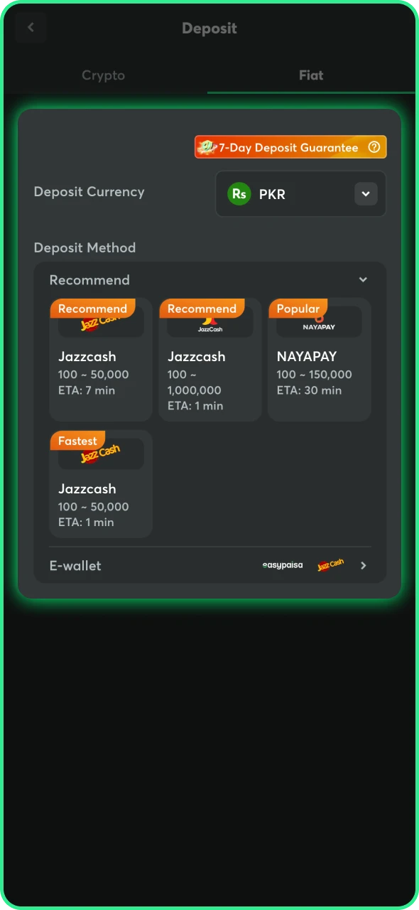 Select the deposit method available at BC Game.
