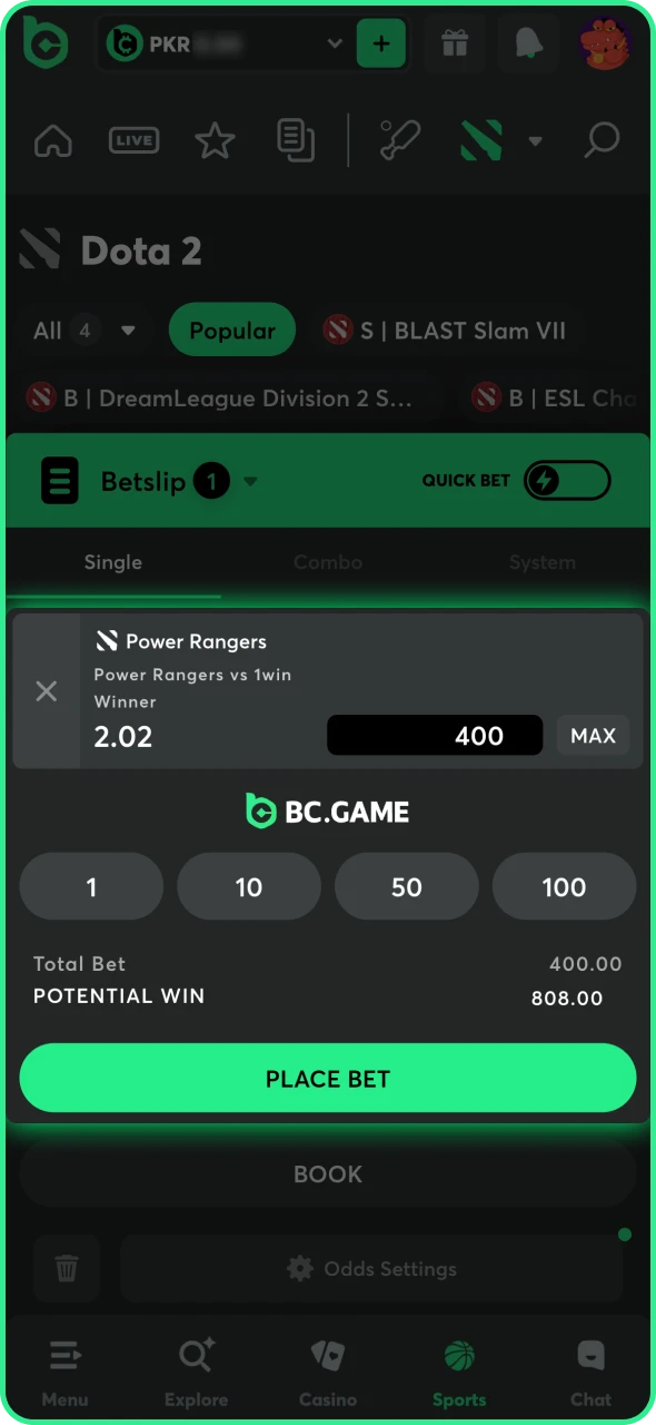 Choose the Dota2 market and place your bet.
