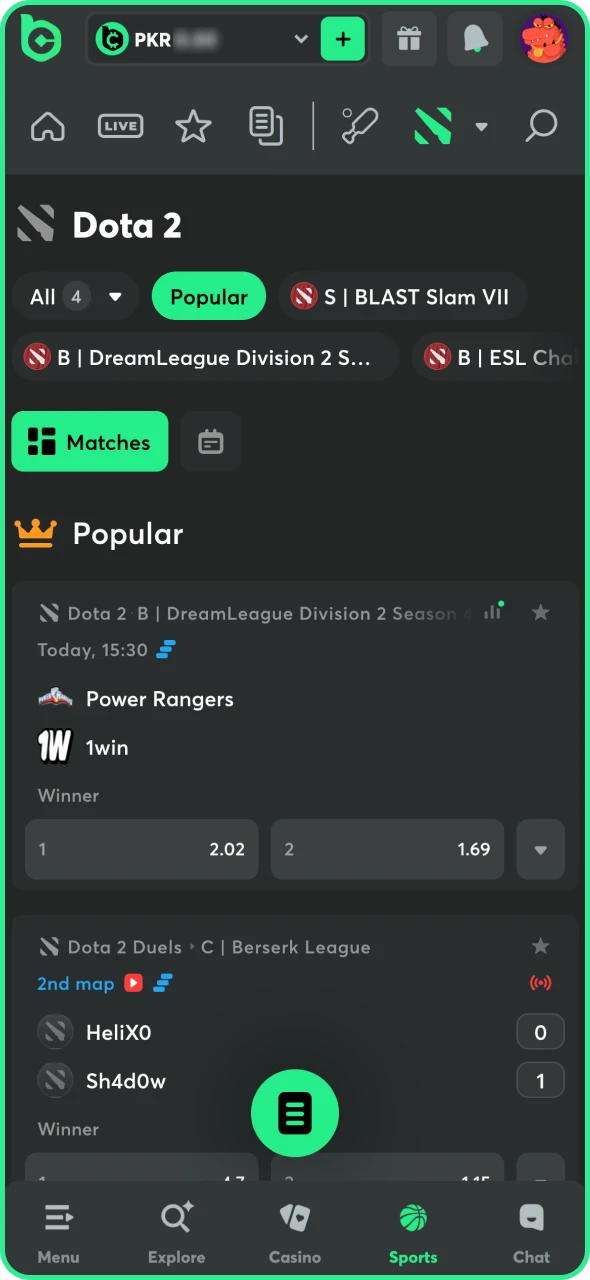 Navigate BC Game eSports section to open the Dota2.