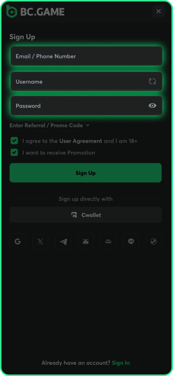 Create your account at BC Game platform.