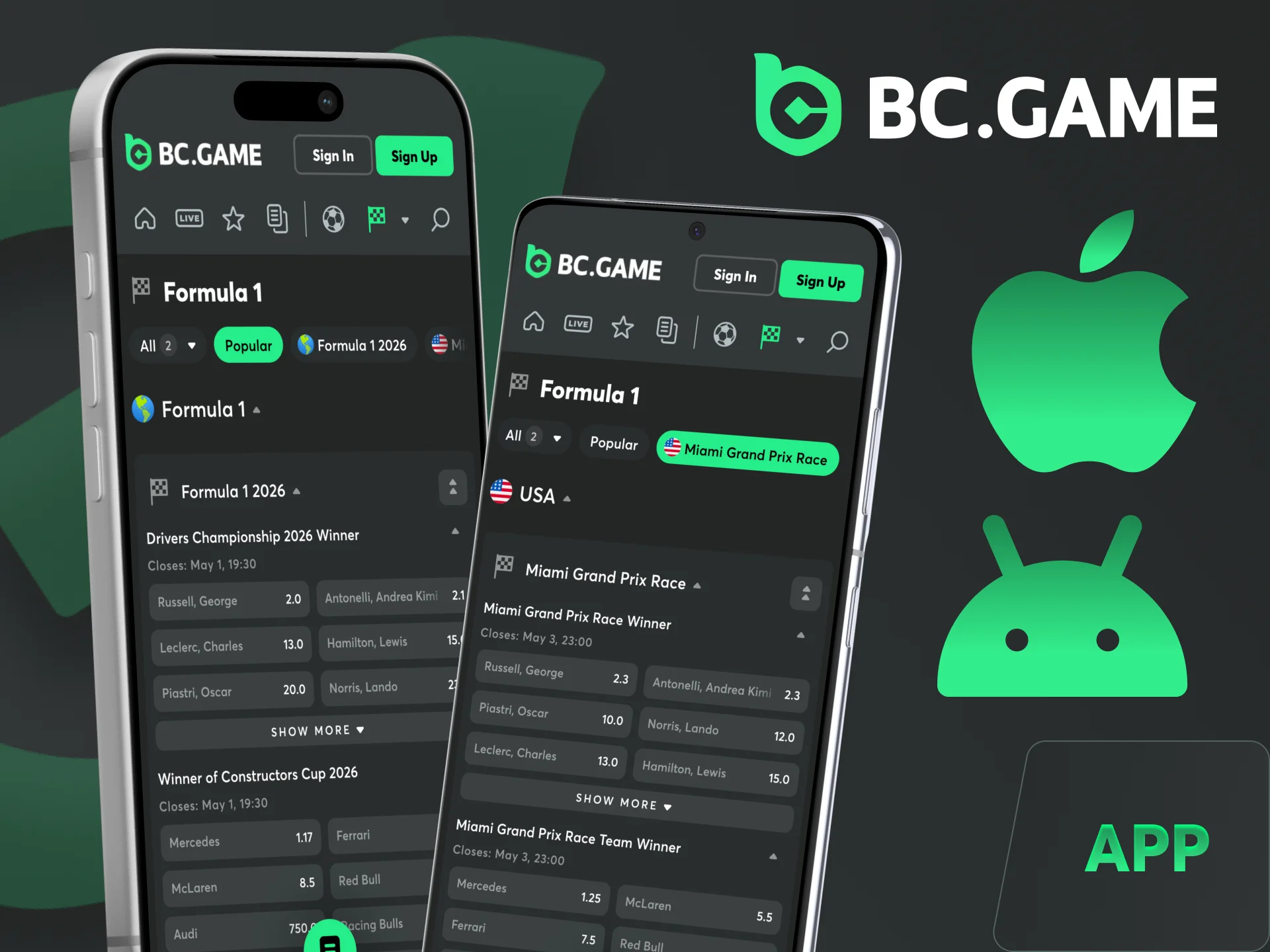 Enjoy betting on F1 directly from your device with BC Game app.
