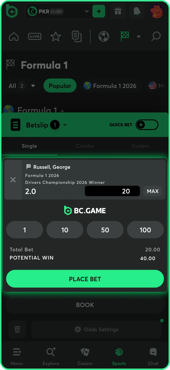 Place your bet on Formula 1 tournament at BC Game website.