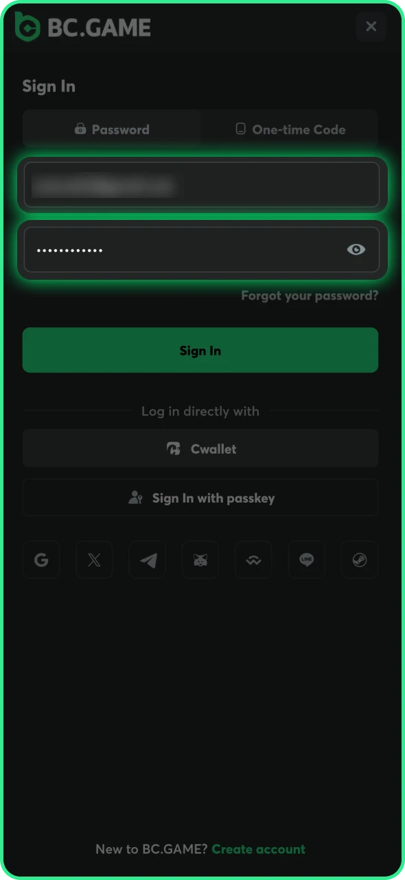Log into your existing BC Game account.