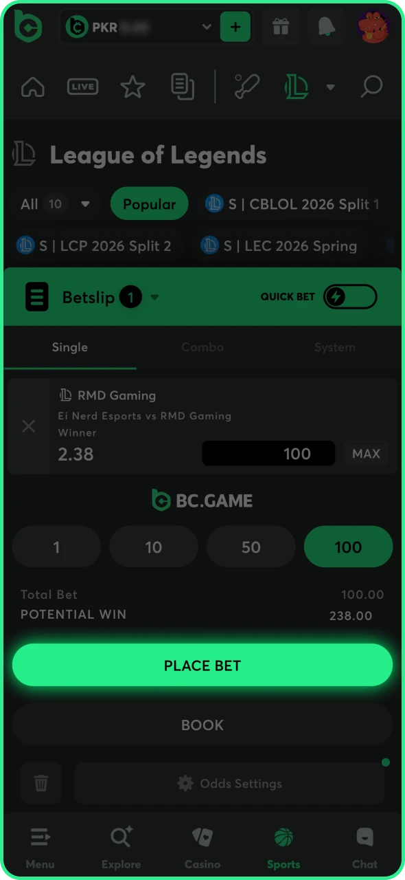Complete your League of Legends at BC Game and confirm.