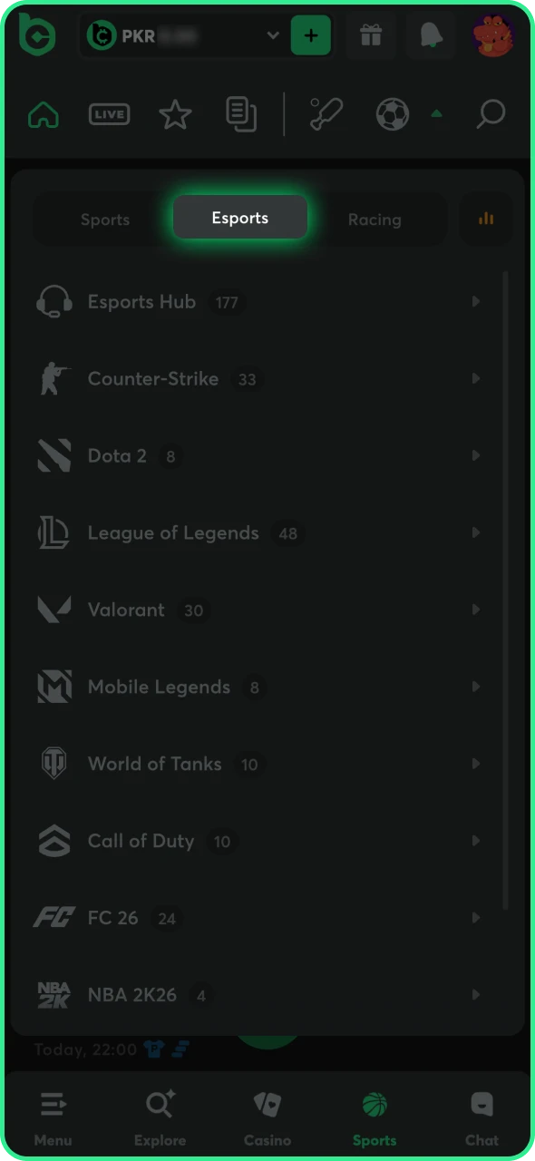 Locate the eSports section on the BC Game platform.