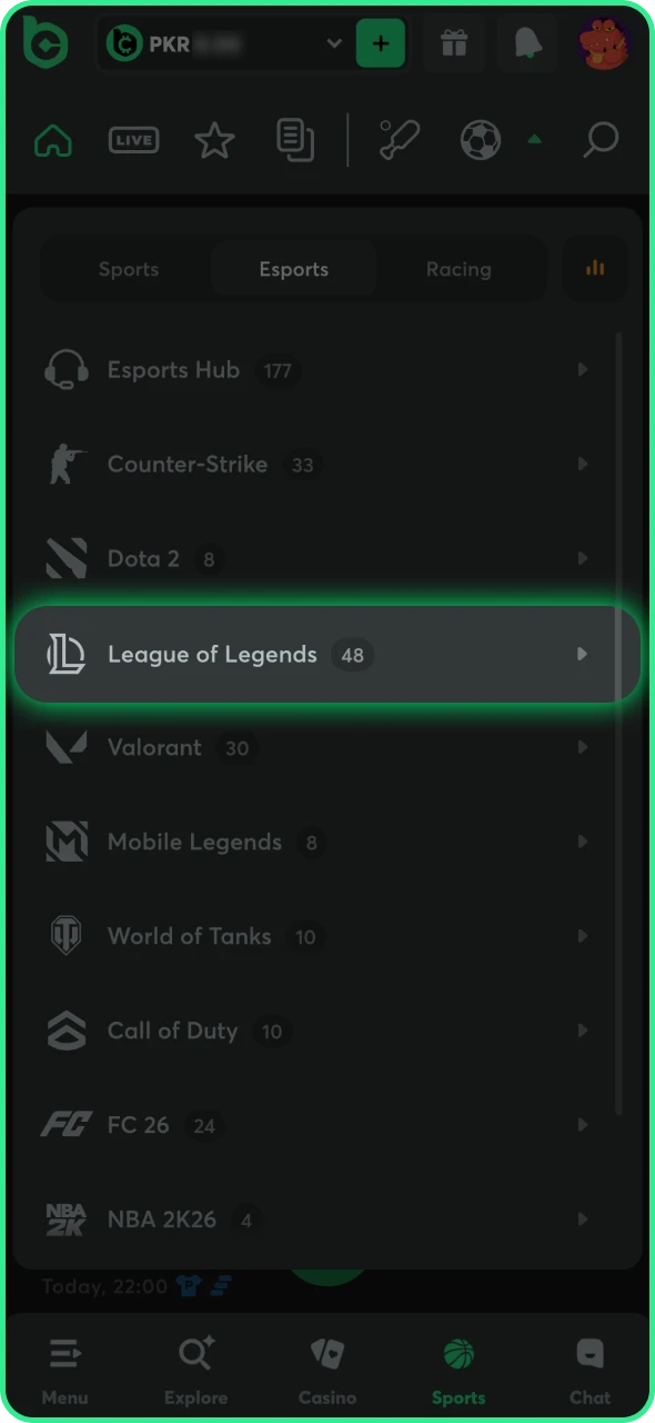 Choose the League of Legends section at the BC Game menu.