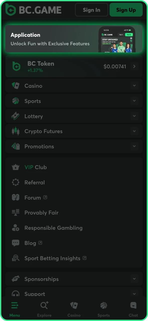 Open BC Game app download section.
