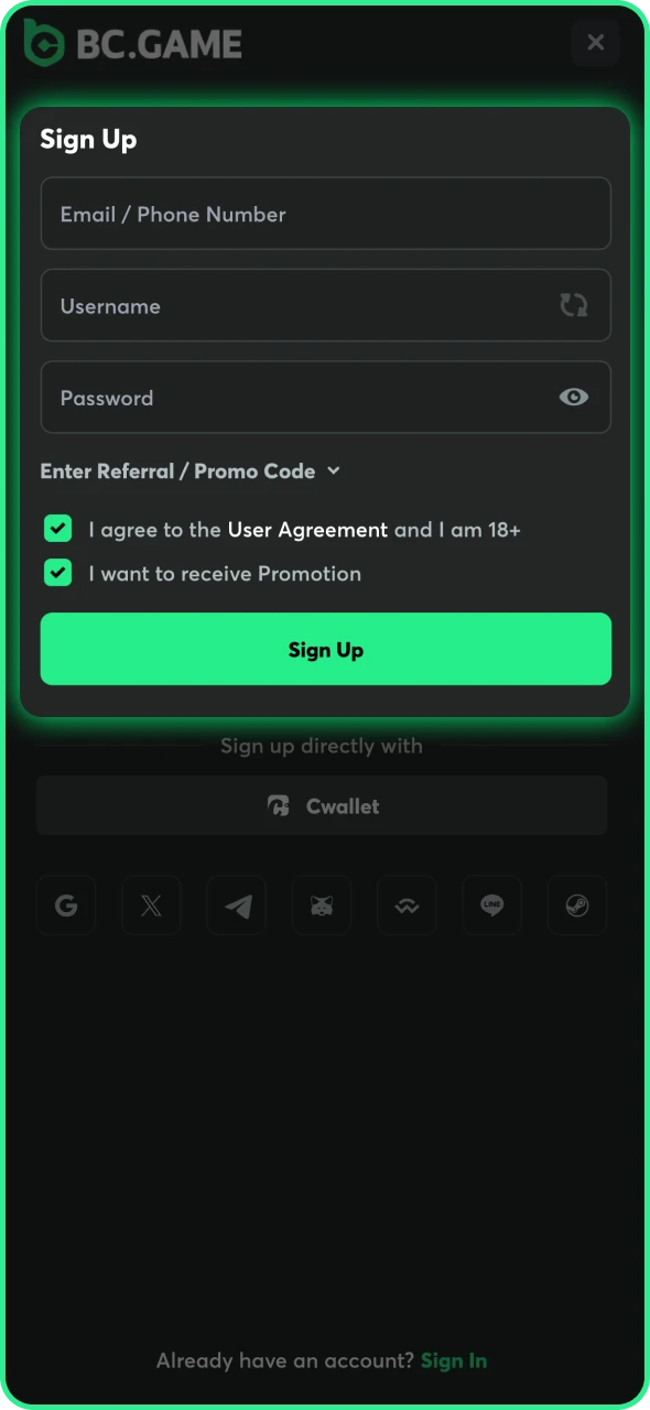 Install BC Game app and register your personal account.