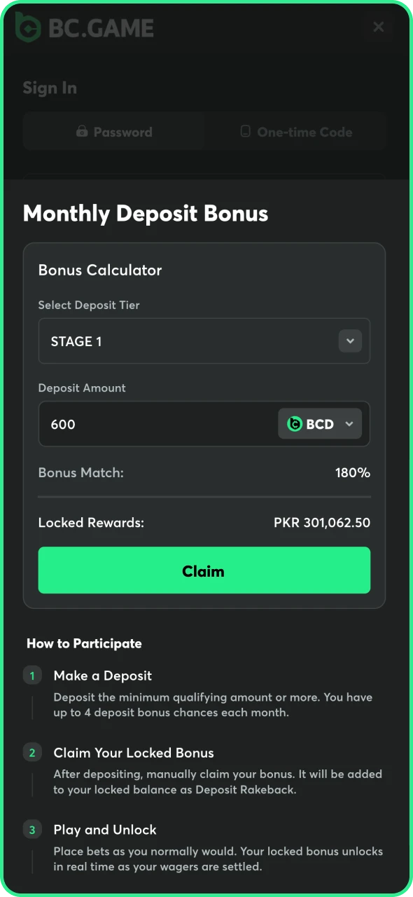 Open the BC Game bonus section to activate your reward.