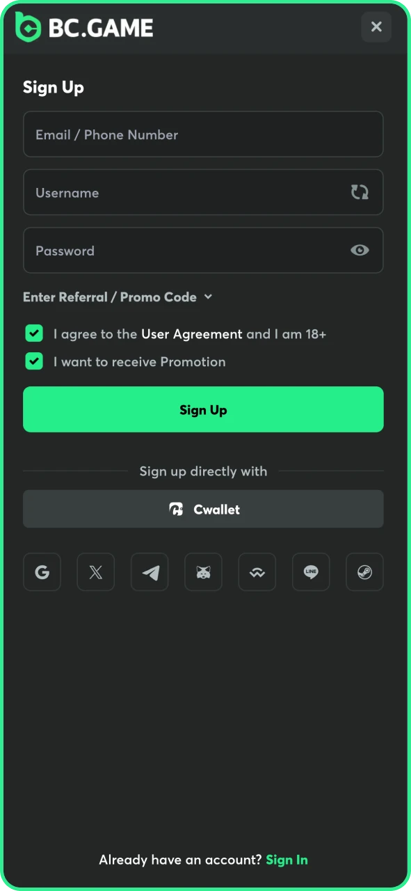 Choose your preferred register method at BC Game.