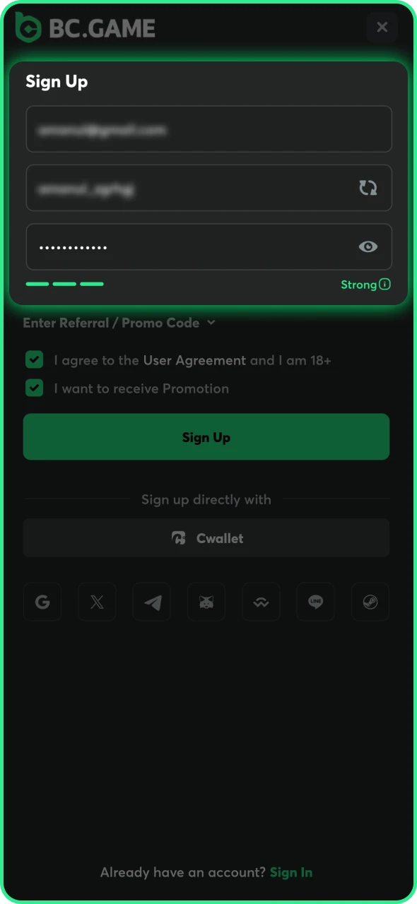 Fill the BC Game form with your personal details.