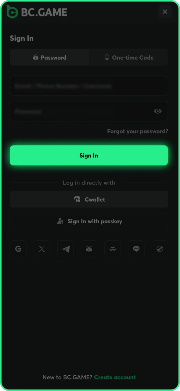 Tab the button to access your BC Game account.