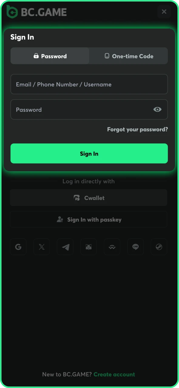 Enter your email and password to complete BC Game login.