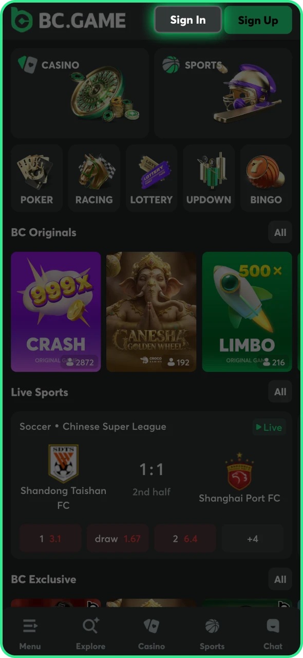 Click the login button to open BC Game form.