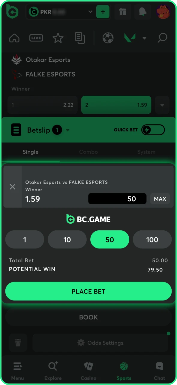 Set the amount of bet and confirm the process at BC Game.