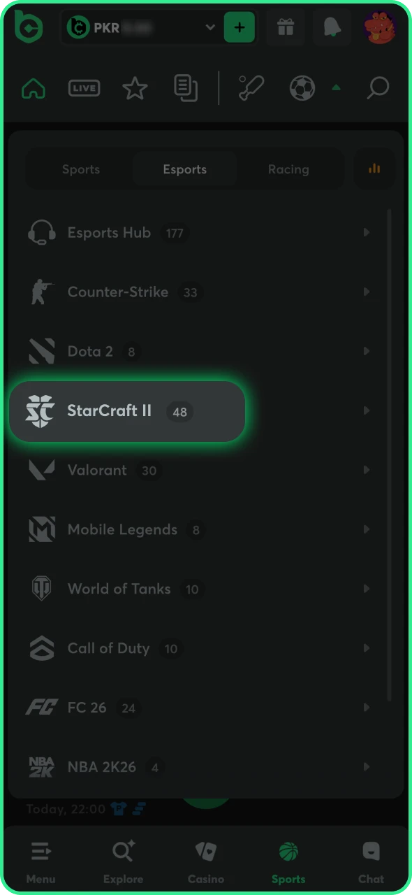 Open the BC Game eSports section and find StarCraft II.