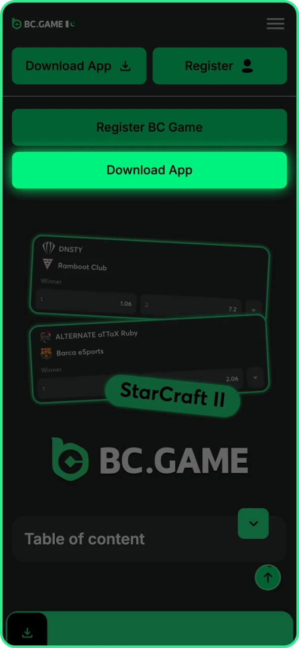 Tap the button to go to BC Game app section.