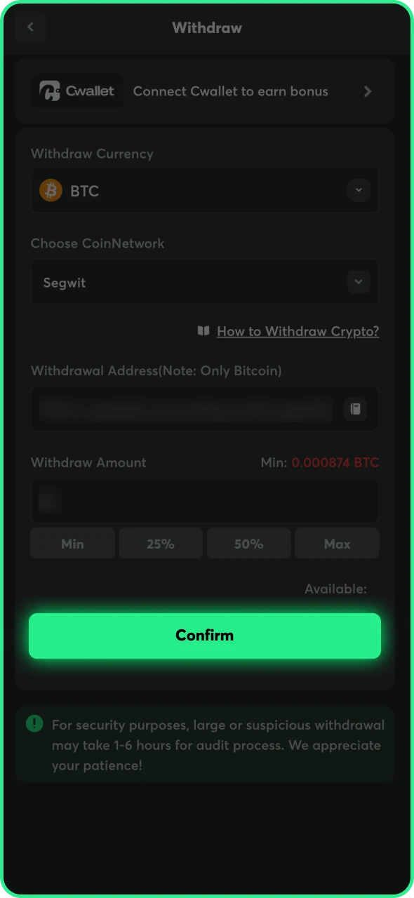 Confirm the withdrawal request at BC Game platform.