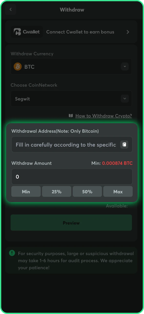 Enter all the required information in BC Game withdraw form.