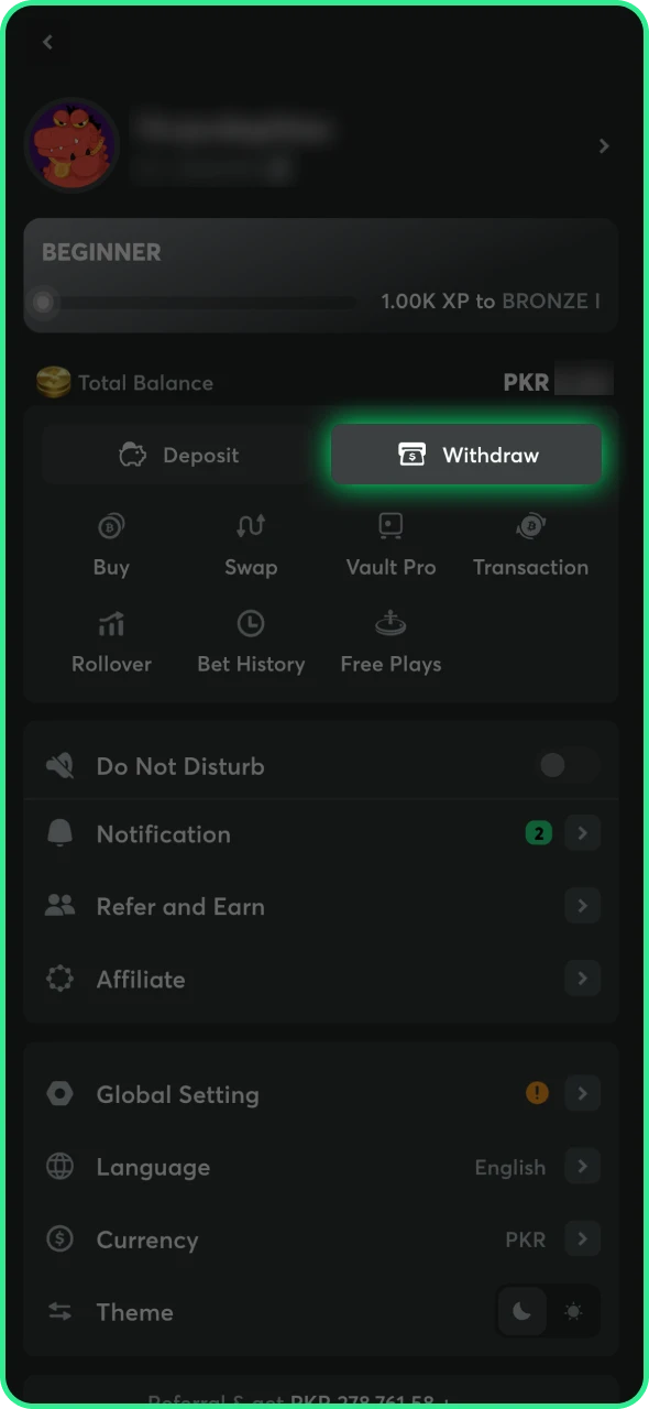 Find the withdrawal button at your BC Game profile section.