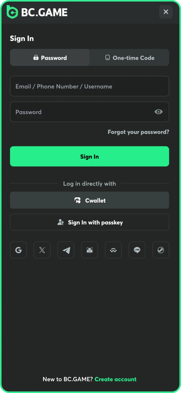 Log into your BC Game account using your registered credentials.