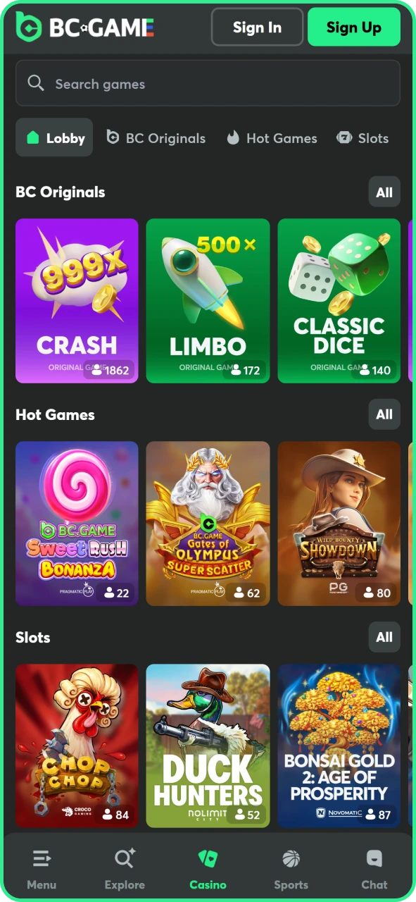Try out many casino games at BC Game app.