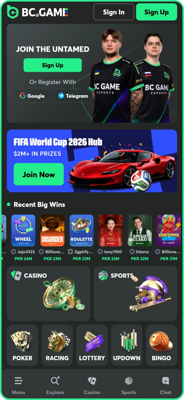 Visin BC Game app main page for latest promotions and main games.