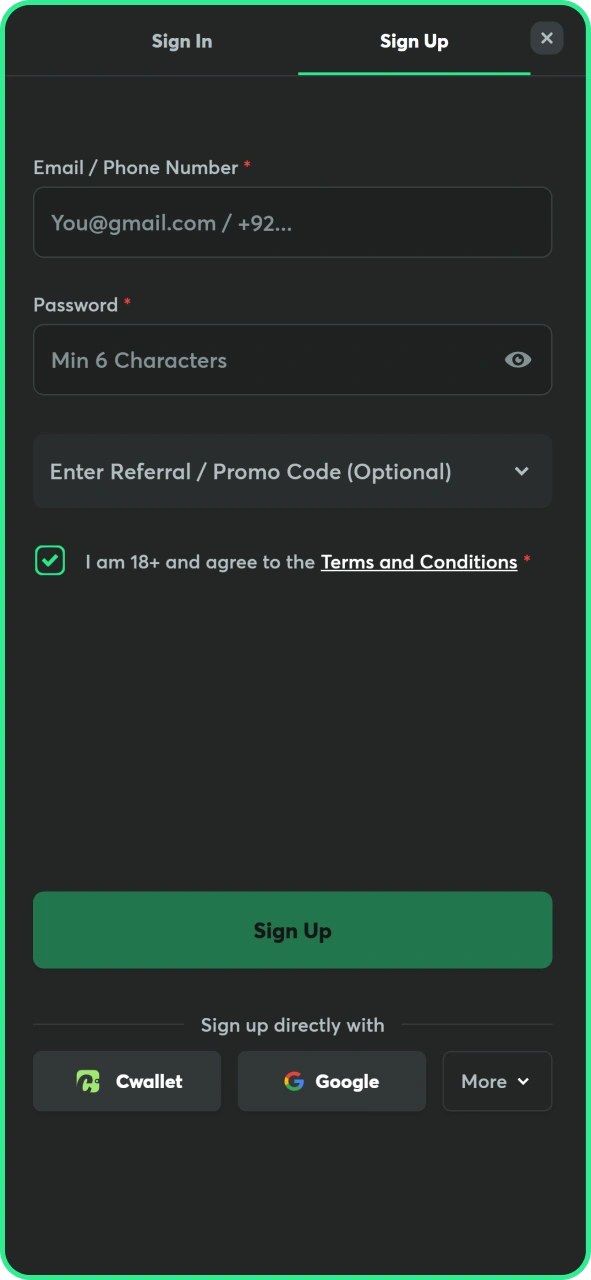 Create account in few taps at BC Game app.